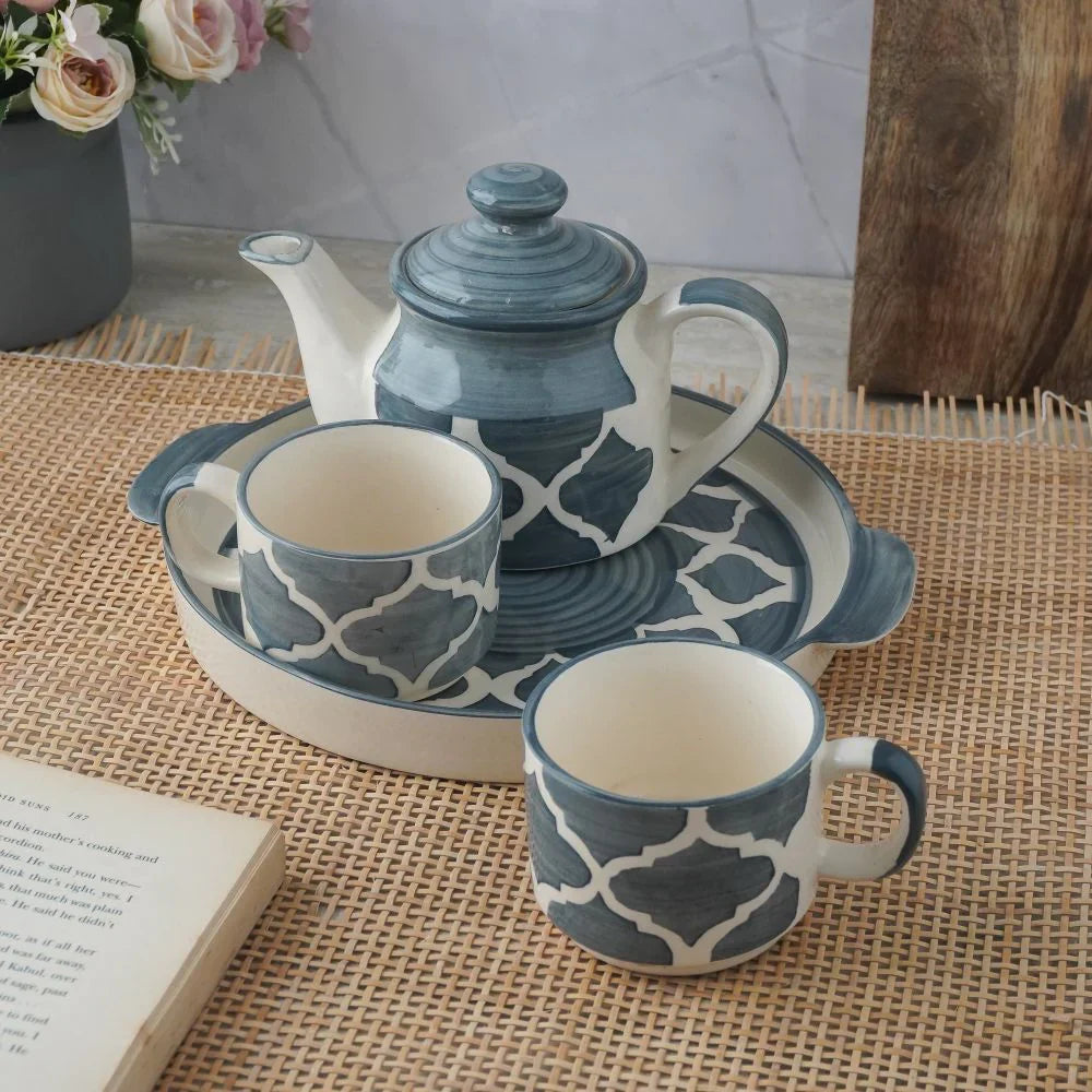 MORWEE GREY MOROCCAN CERAMIC TEA SET WITH KETTLLE