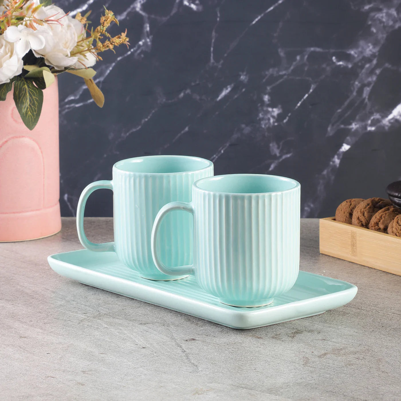 MORWEE COMBO MUG SET WITH TRAY- AQUA (SET OF 2)