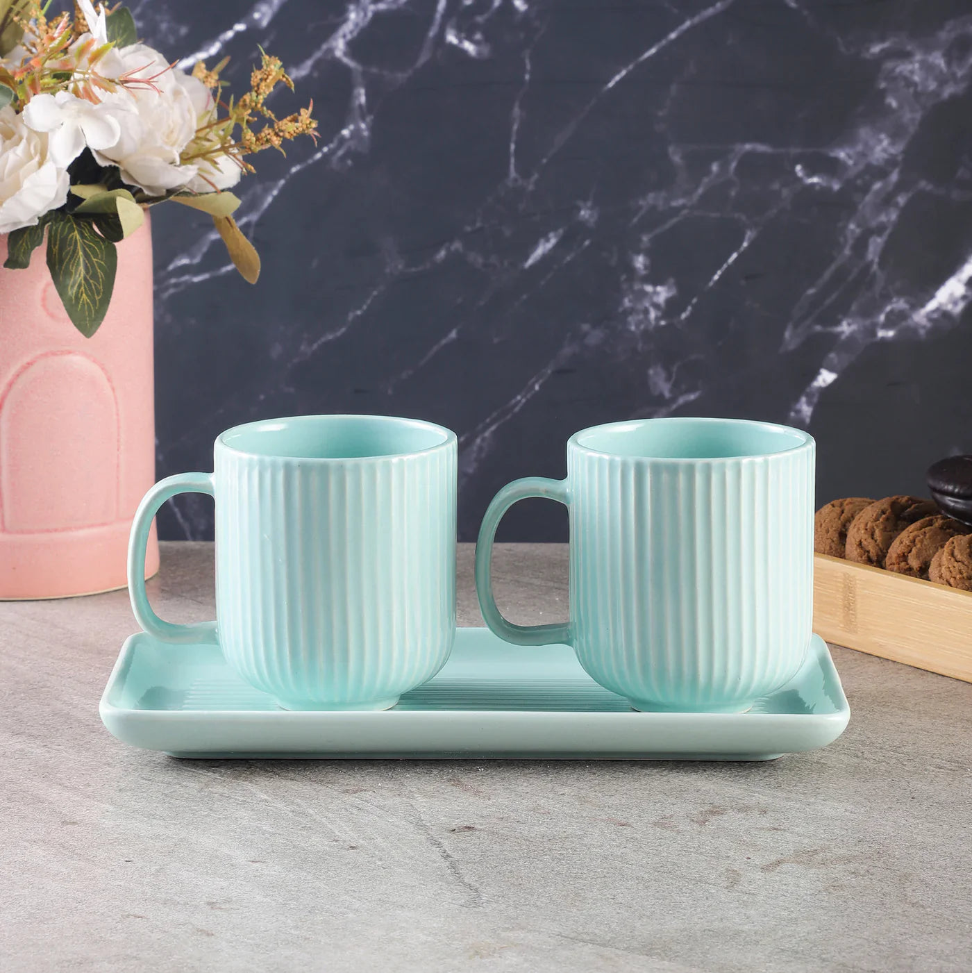 MORWEE COMBO MUG SET WITH TRAY- AQUA (SET OF 2)